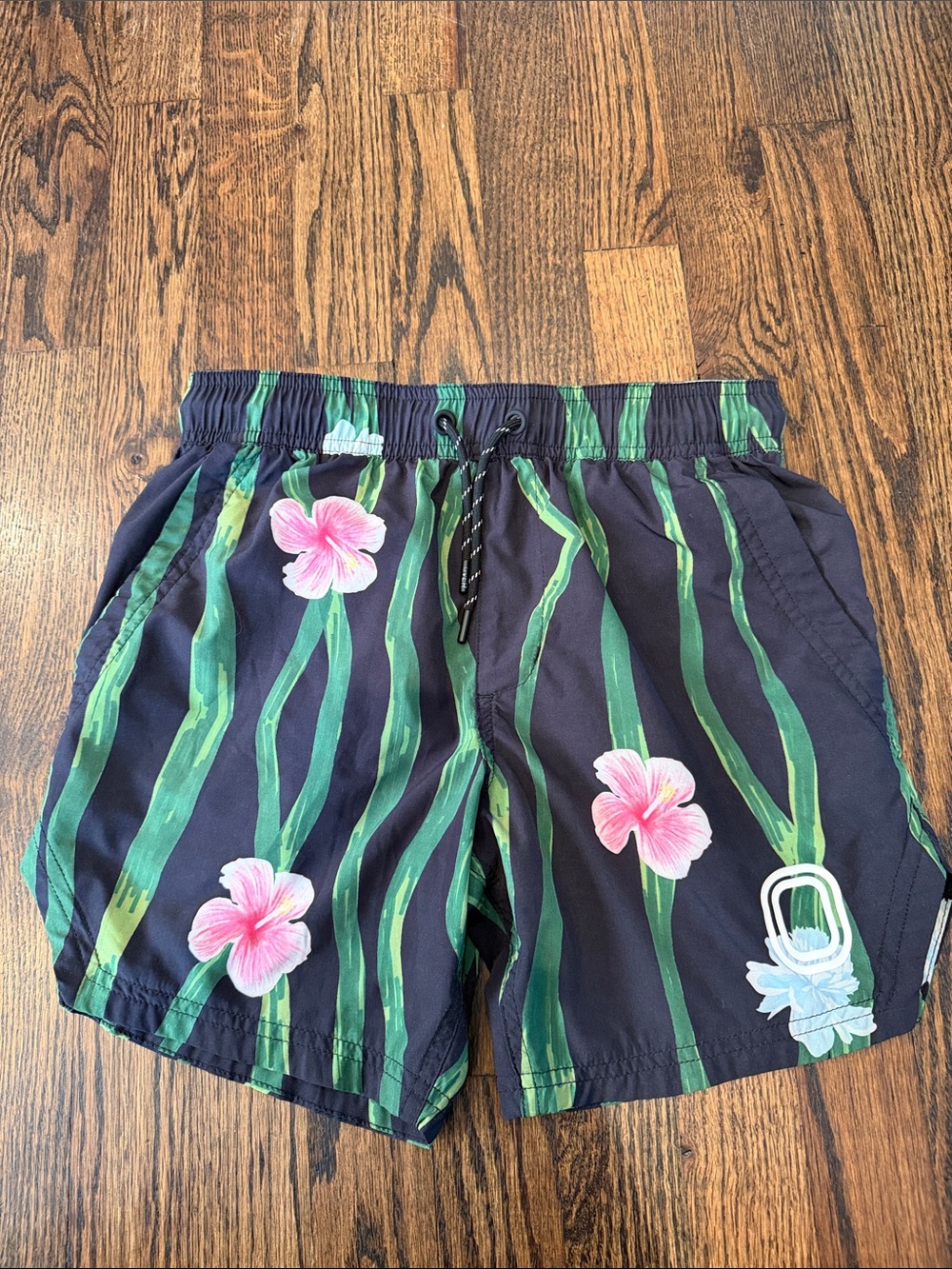 Kids Black Floral Overtime Shorts with Pink Hibiscus